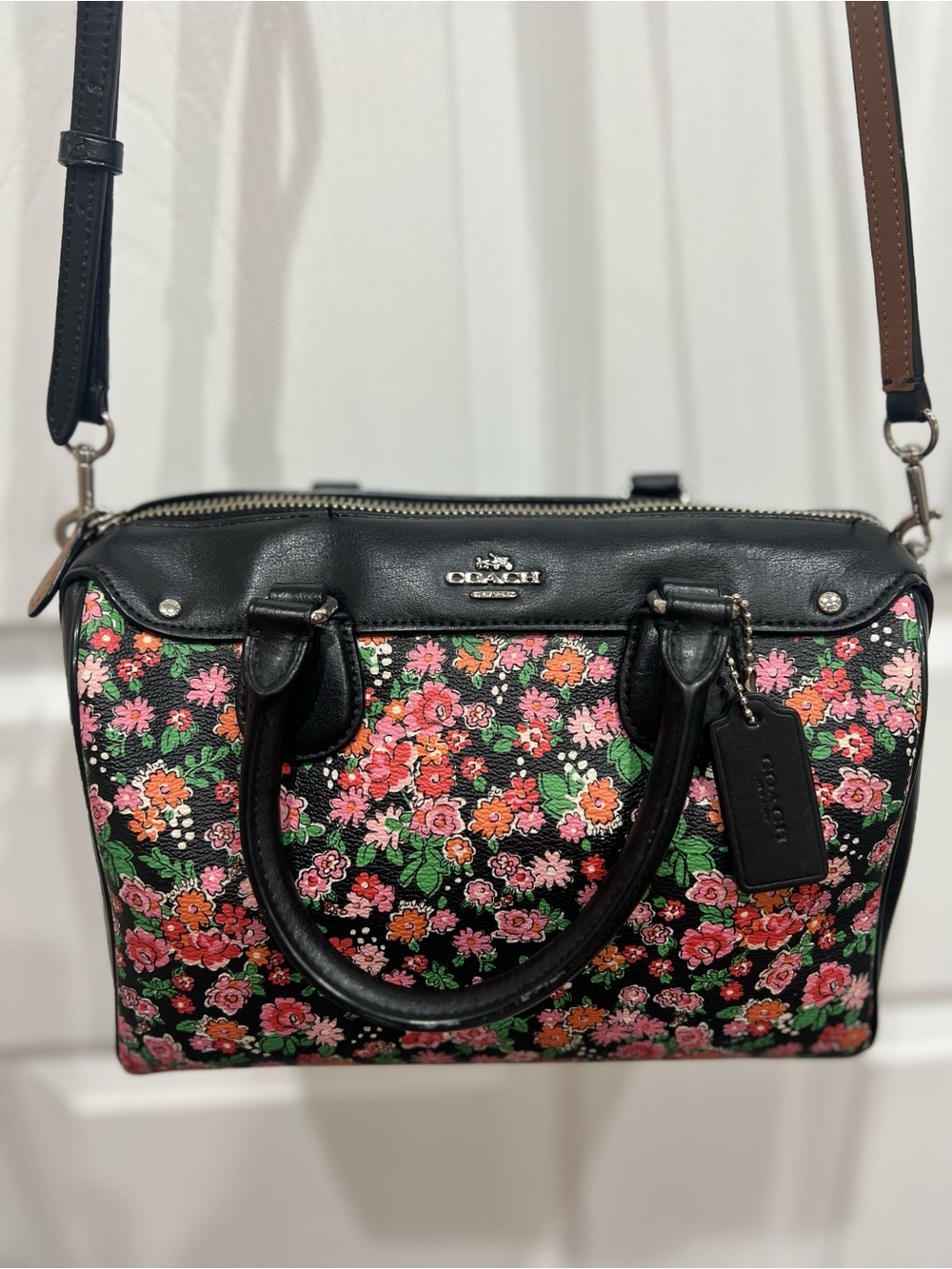 Coach Black Floral Satchel with Pink and Orange Blooms